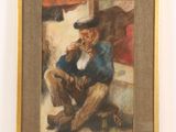 painting of a man sitting on a chair smoking a cigarette