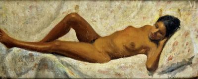 un tableau représentant un homme nu allongé sur un lit