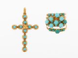 an image of a cross and a ring with turquoise stones