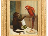 an image of a painting of a monkey and a parrot on a table