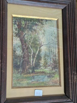 painting of a wooded scene with a stream in the foreground and trees in the background