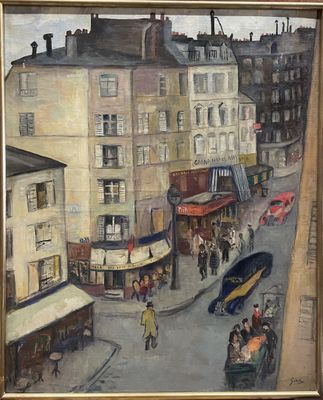peinture d'une scène de rue en ville avec des personnes marchant dans la rue