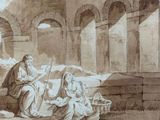 painting of a man and a woman sitting on a bench in a courtyard