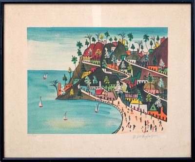 tableau représentant une vue de plage avec des personnes se promenant sur le sable