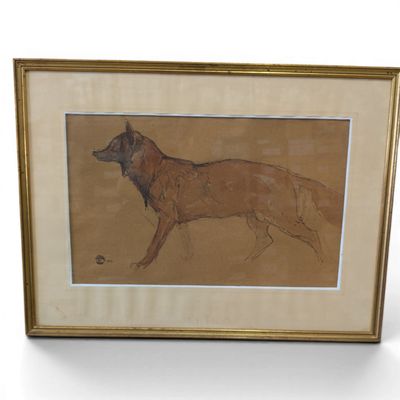 painting of a brown dog in a gold frame on a white background
