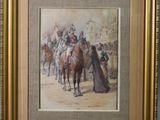 tableau encadré représentant un homme à cheval entouré d'un groupe de personnes