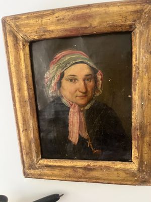 an old painting of a woman with a pink hat and a pink scarf