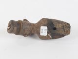 pair of wooden fish figurines with tags on each end