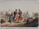a painting of a group of people standing in front of a tent