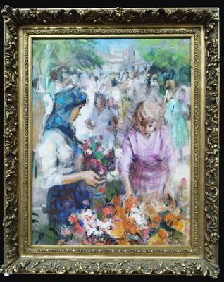 une peinture à l'huile représentant deux femmes dans un jardin fleuri