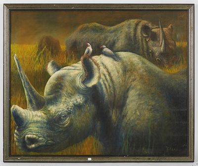 un tableau représentant un rhinocéros avec un oiseau sur le dos