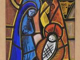 an image of a painting of a woman holding a baby in a manger