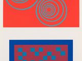 three squares with circles and squares in red, blue, and red