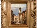 une peinture représentant une rue de la ville avec des bâtiments et une tour horloge