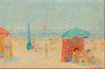 une peinture de personnes sur la plage avec des parasols