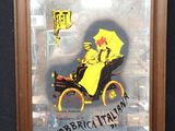 tableau représentant une voiture d'époque avec un parapluie jaune, dans un cadre en bois