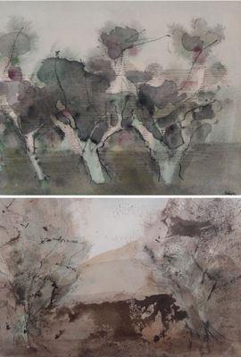 deux photos d'un tableau représentant des arbres dans un champ