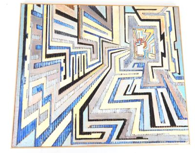abstract painting of a maze with blue, yellow, and white colors