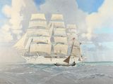 painting of a tall ship sailing in the ocean with clouds in the background