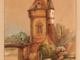 tableau représentant un château avec, devant, un pont enjambant une rivière