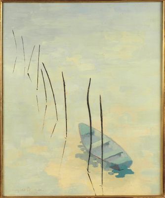 une peinture à l'huile représentant un bateau sur l'eau, avec des roseaux au premier plan
