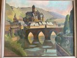 a painting of a castle on a bridge over a river