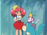cartoon character of a girl with pink hair standing next to a blue bird