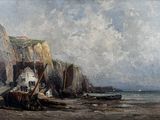a painting of a boat on the beach near a cliff