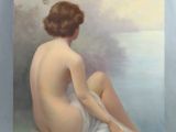 une peinture à l'huile représentant une femme nue assise sur une couverture