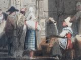 a painting of a group of people standing in front of a building