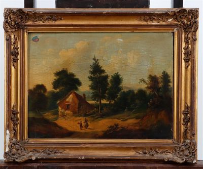 an oil painting of a farm scene with a man and a dog in the foreground