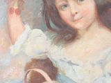 an oil painting of a young girl holding a basket in her hands