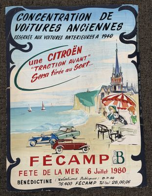 une affiche représentant une voiture sur la plage avec des personnes à bord