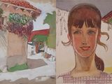 a painting of a woman in a dress and a painting of a woman in a pink dress