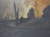a painting of a painting of a city on fire