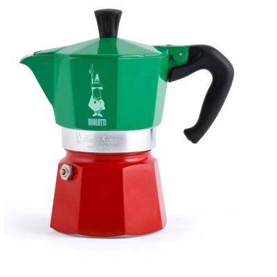 a green and red stove top coffee maker on a white background