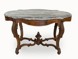 une photo d'une table avec un plateau en marbre et un piètement en bois