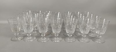 douze verres à vin transparents alignés en rang sur une table
