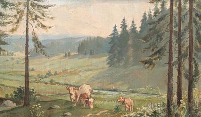 a painting of cows grazing in a field near a stream