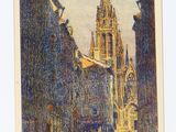 an image of a painting of a church steeple in a city