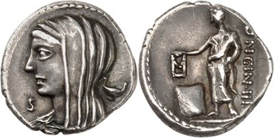 a silver coin with a woman and a man on it