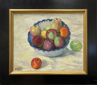 an oil painting of a bowl of apples and pears on a table