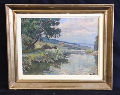 an image of a painting of a river with trees in the foreground