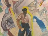 un tableau représentant un homme tenant une planche de surf sur la plage