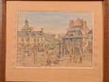 an image of a painting of a street scene with a horse drawn carriage
