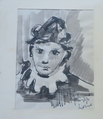 dessin représentant une femme portant un chapeau et une écharpe
