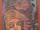 une peinture représentant une femme et un cheval sur un mur rouge