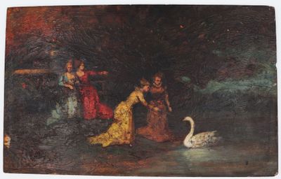 an image of a painting of two women and a swan in a lake