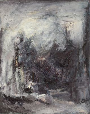 an image of a painting of a city street with a clock tower in the background