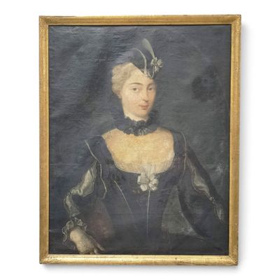 un vieux tableau représentant une femme en robe noire, coiffée d'un chapeau à plumes